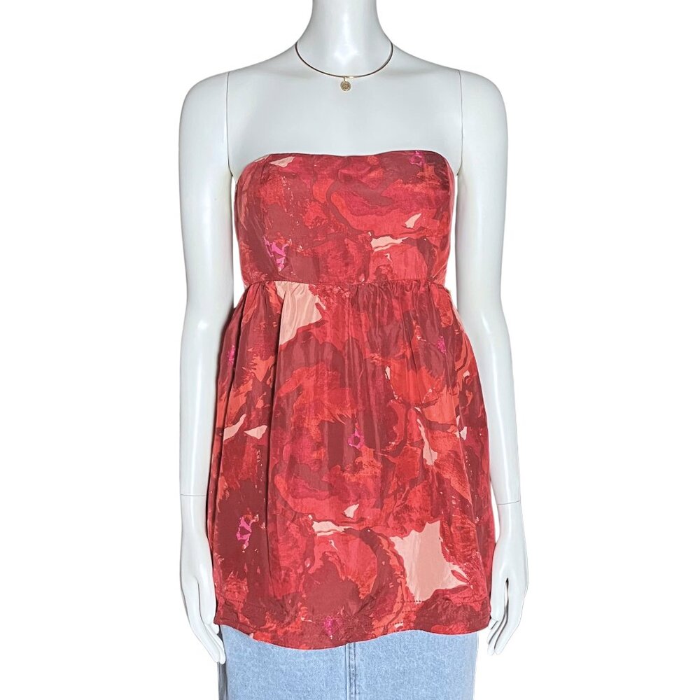 100% Silk Y2K Banana Republic Red Floral Babydoll Strapless Top S/M Sz8 Romantic